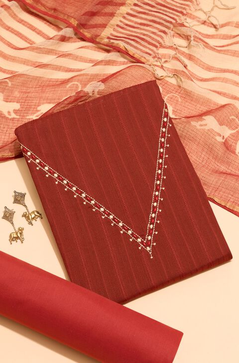 Dark Red Pure Cotton Embroidered Unstitched Suit Set