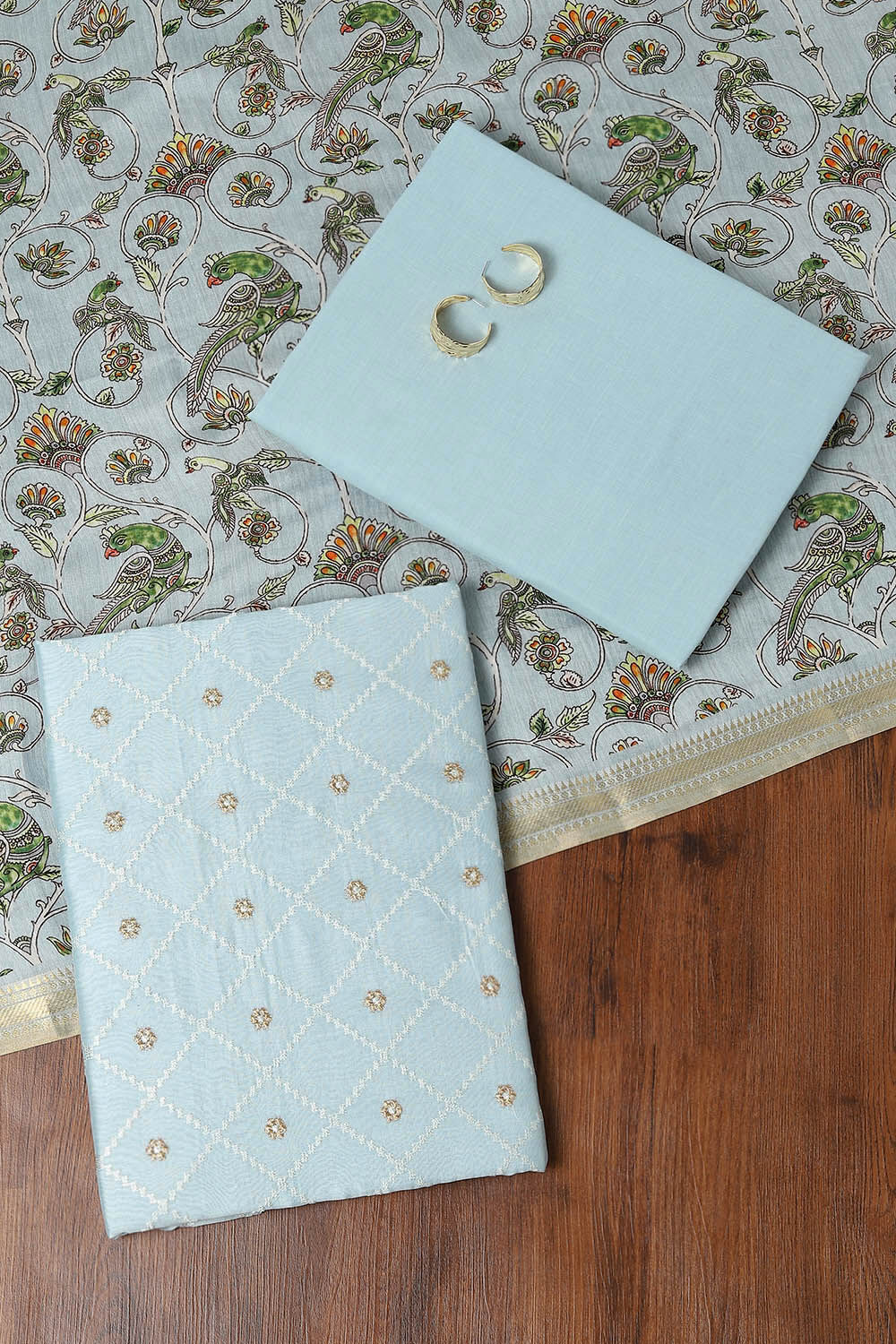 Light Blue Silk Cotton Embroidered Unstitched Suit Set image number null