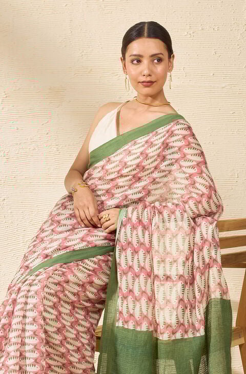 Red Screen Printed Pure Linen Cotton Saree