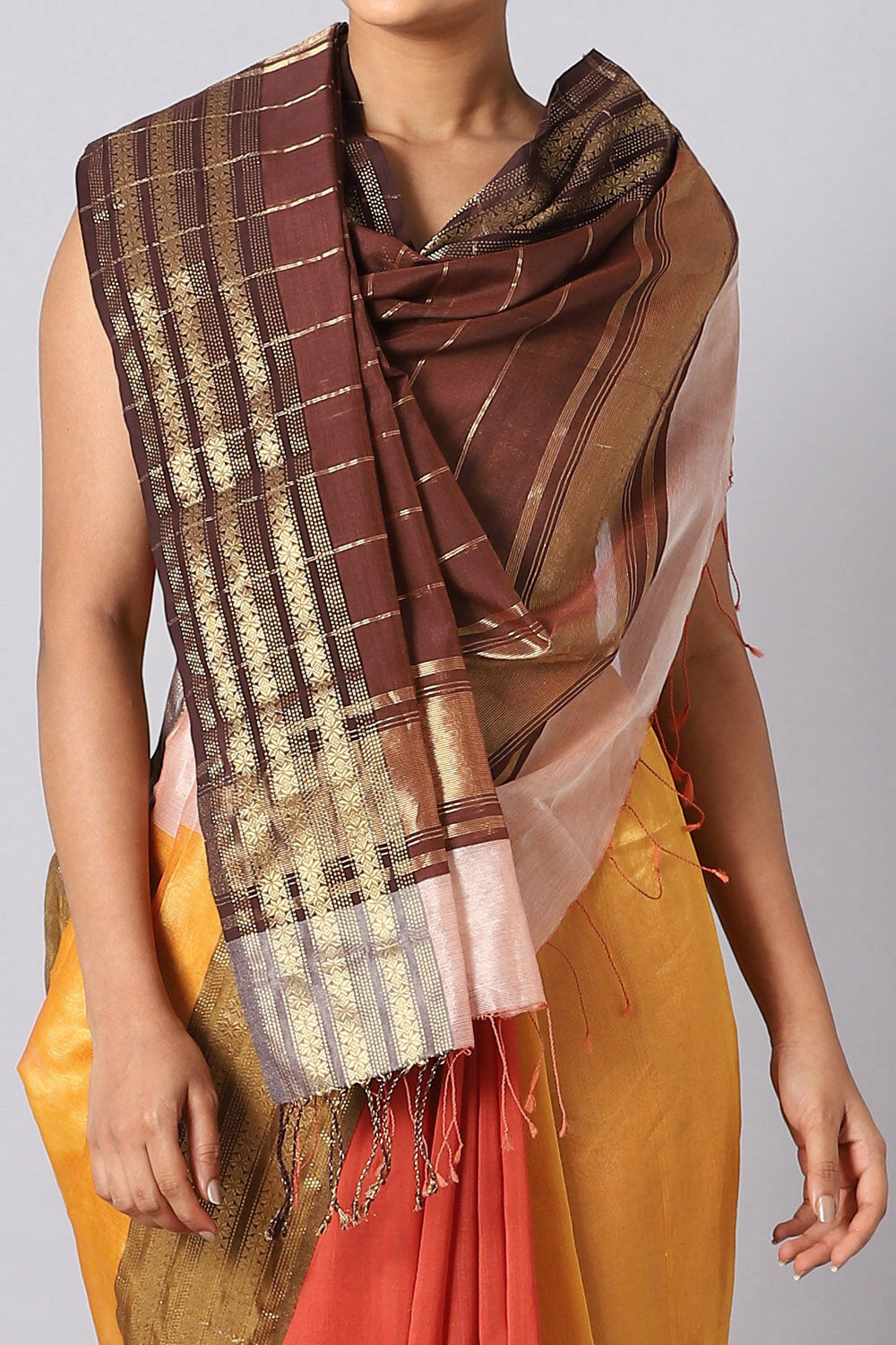 Yellow and Orange Pure Silk Cotton Maheswari Saree image number null