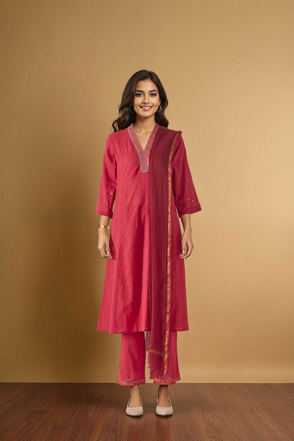 Dark Pink Pure Cotton Embroidered Kurta Set image number null