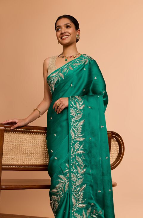 Green  Viscose Satin Embroidered Saree