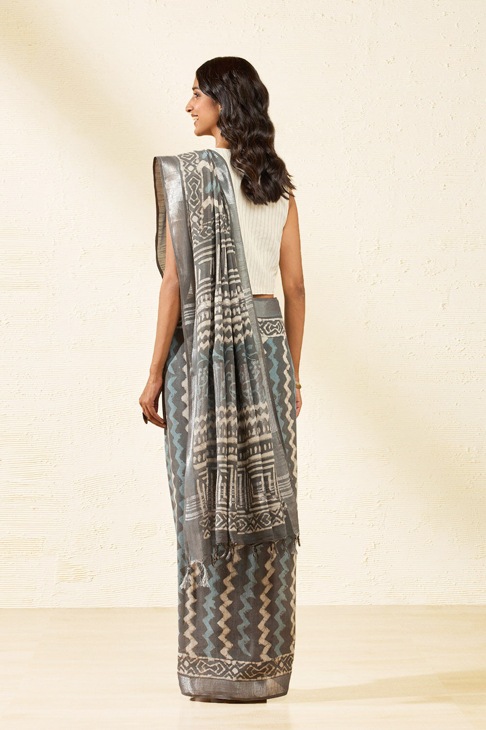 Grey Block Printed Cotton Viscose Saree image number null