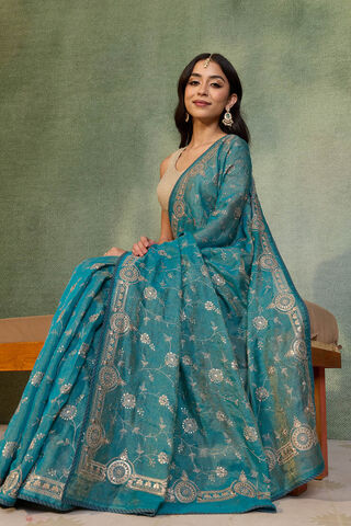 Blue Tissue Lyocell Linen Embroidered Saree image number