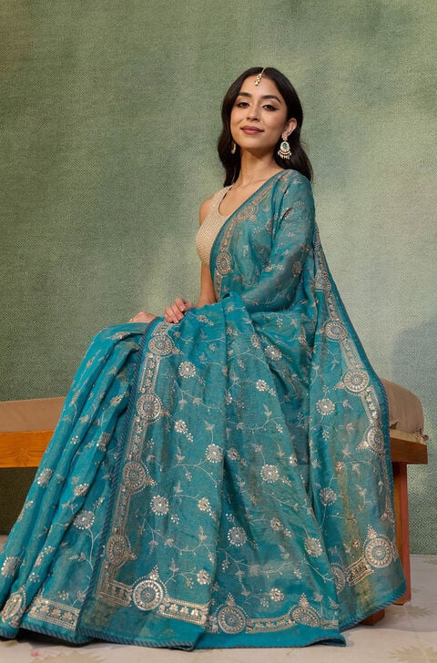 Blue Tissue Lyocell Linen Embroidered Saree
