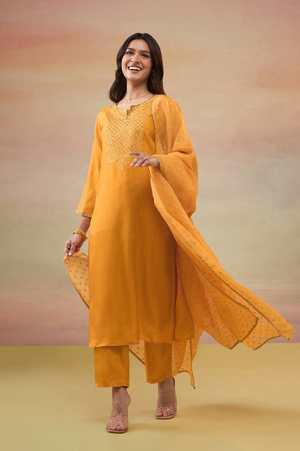 Orange Pure Viscose Embroidered Kurta Set image number null