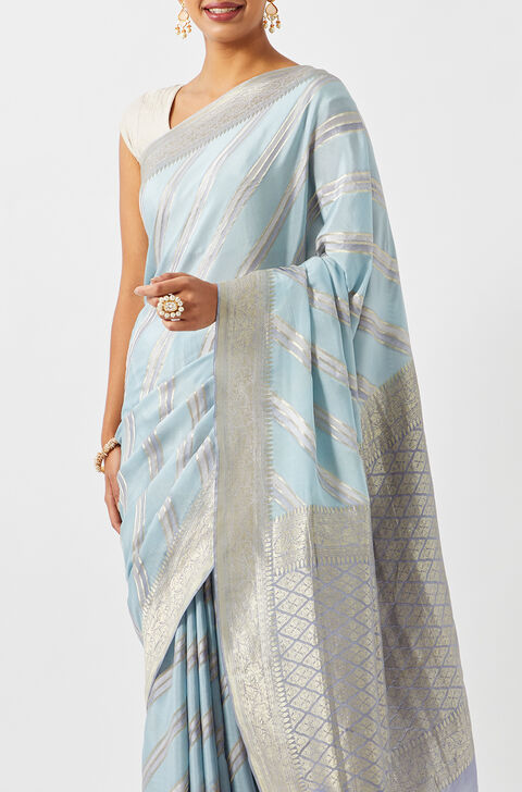 Light Blue Pure Crepe Embroidered Saree