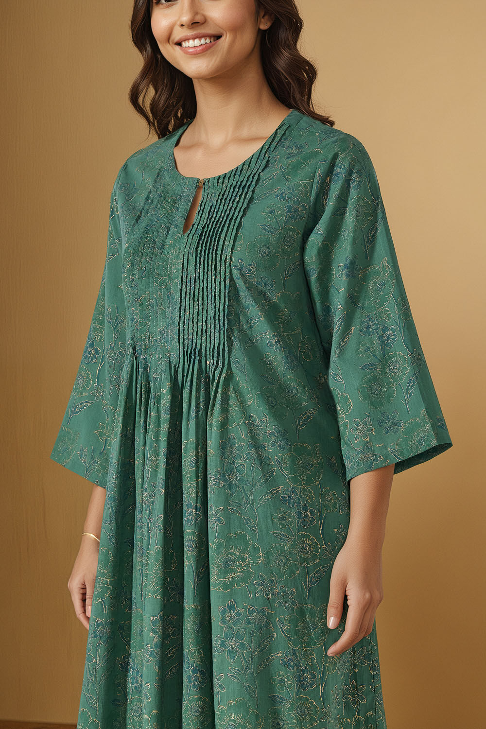 Green Block Printed Pure Cotton Kurta Set image number null