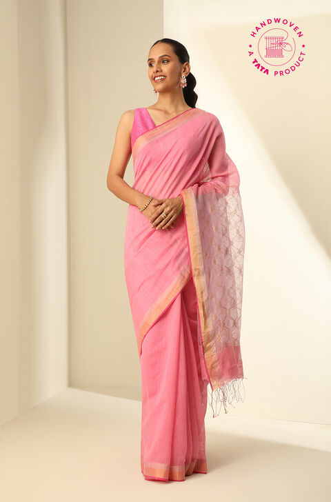 Pink Pure Silk Cotton Woven Bengali Saree