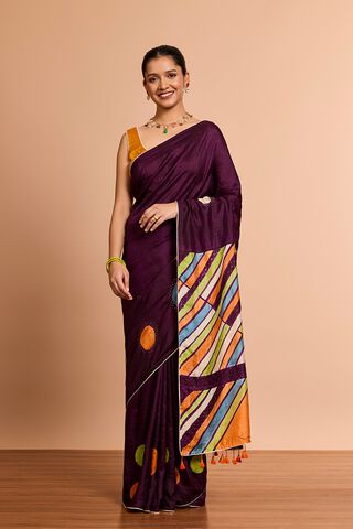 Purple Murshidabad Pure Silk Hand Painted Saree thumbnail image number null
