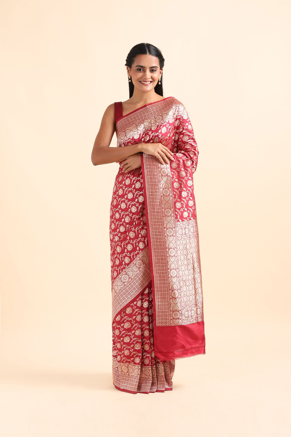 Dark Red Pure Silk Banarasi Saree image number null