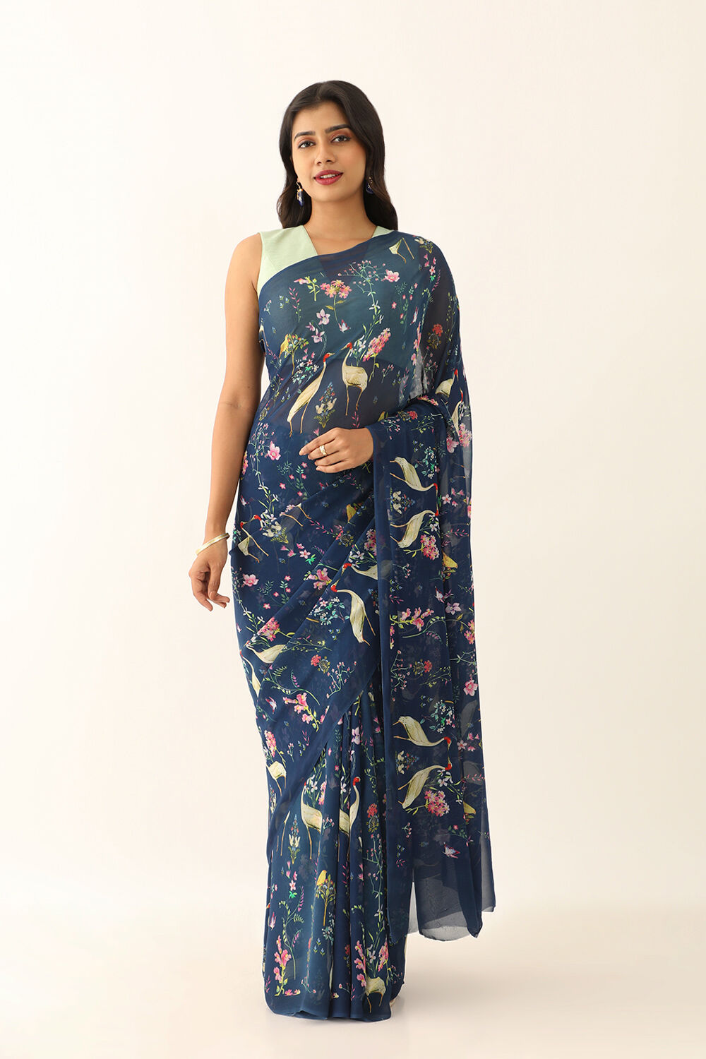 Blue Viscose Georgette Digital Print Saree image number null