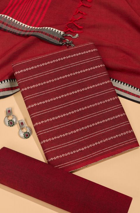 Red Woven Pure Cotton Unstitched Suit Set