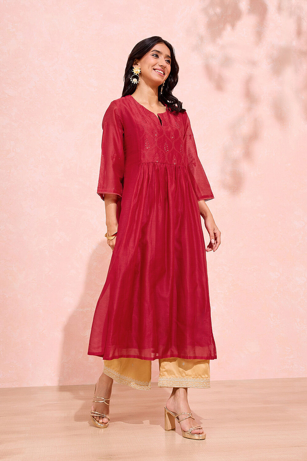 Dark Red Pure Silk Cotton Chikankari Kurta image number null