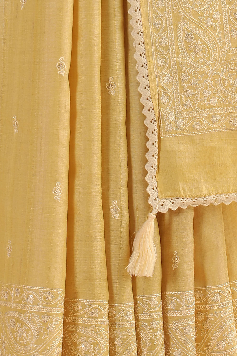 Yellow Pure Tussar Embroidered Saree image number null