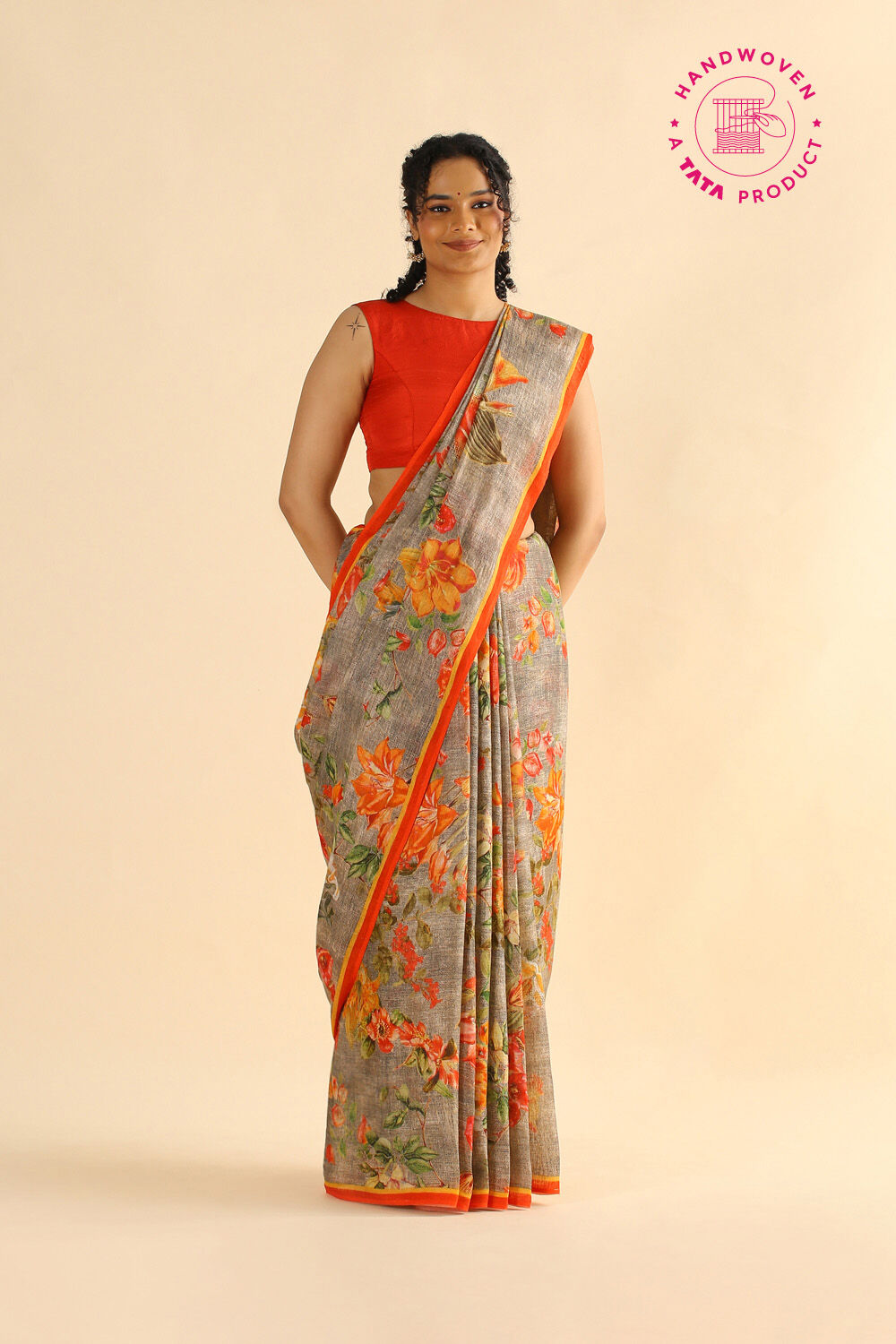 Grey Pure Linen Digital Printed Saree image number null