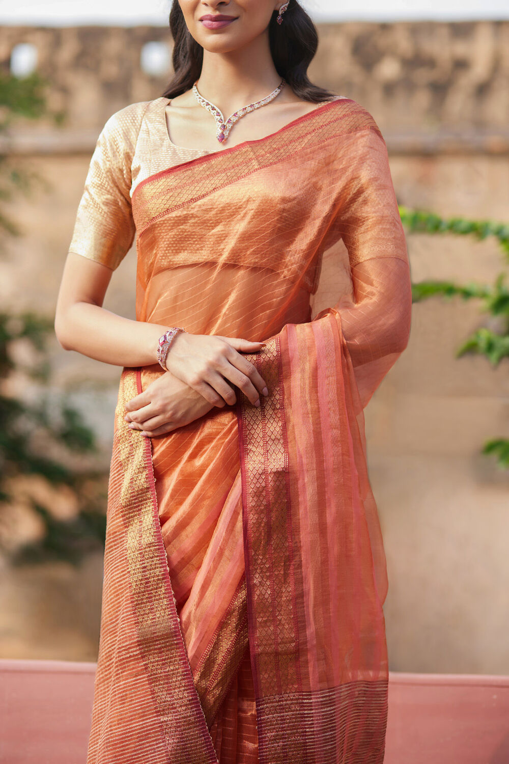 Orange Woven Pure Silk Tissue Maheswari Saree image number null