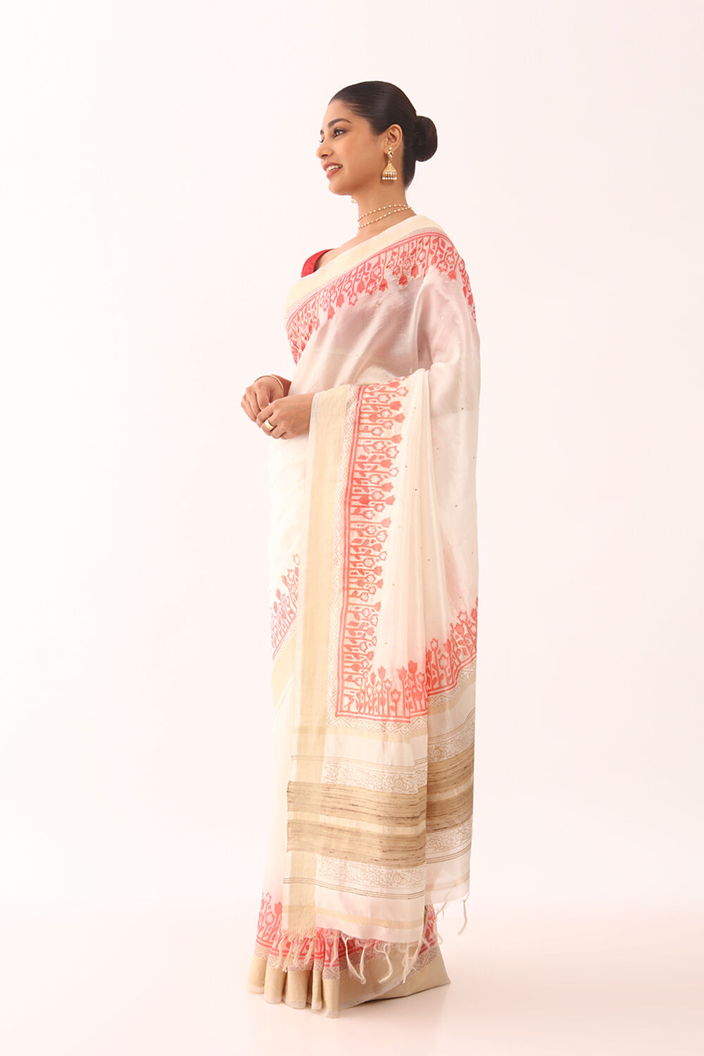 Off White Printed Embroidery Silk Tencel Bengali Saree image number null