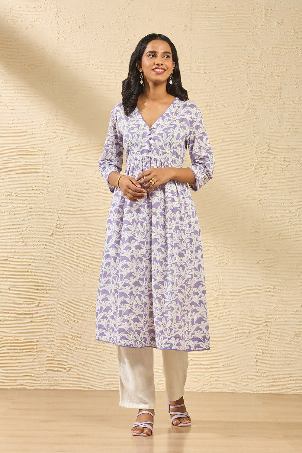 Violet Screen Printed Pure Cotton Kurta image number null