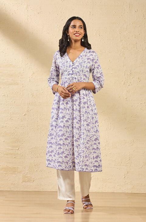 Violet Screen Printed Pure Cotton Kurta