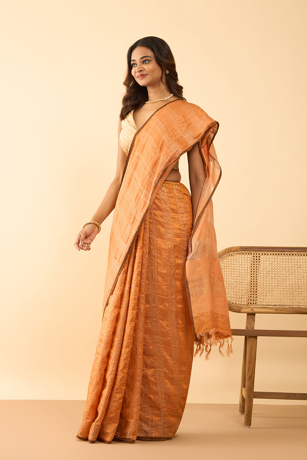 Light Orange Bhagalpur Woven Pure Tussar Silk Saree image number null