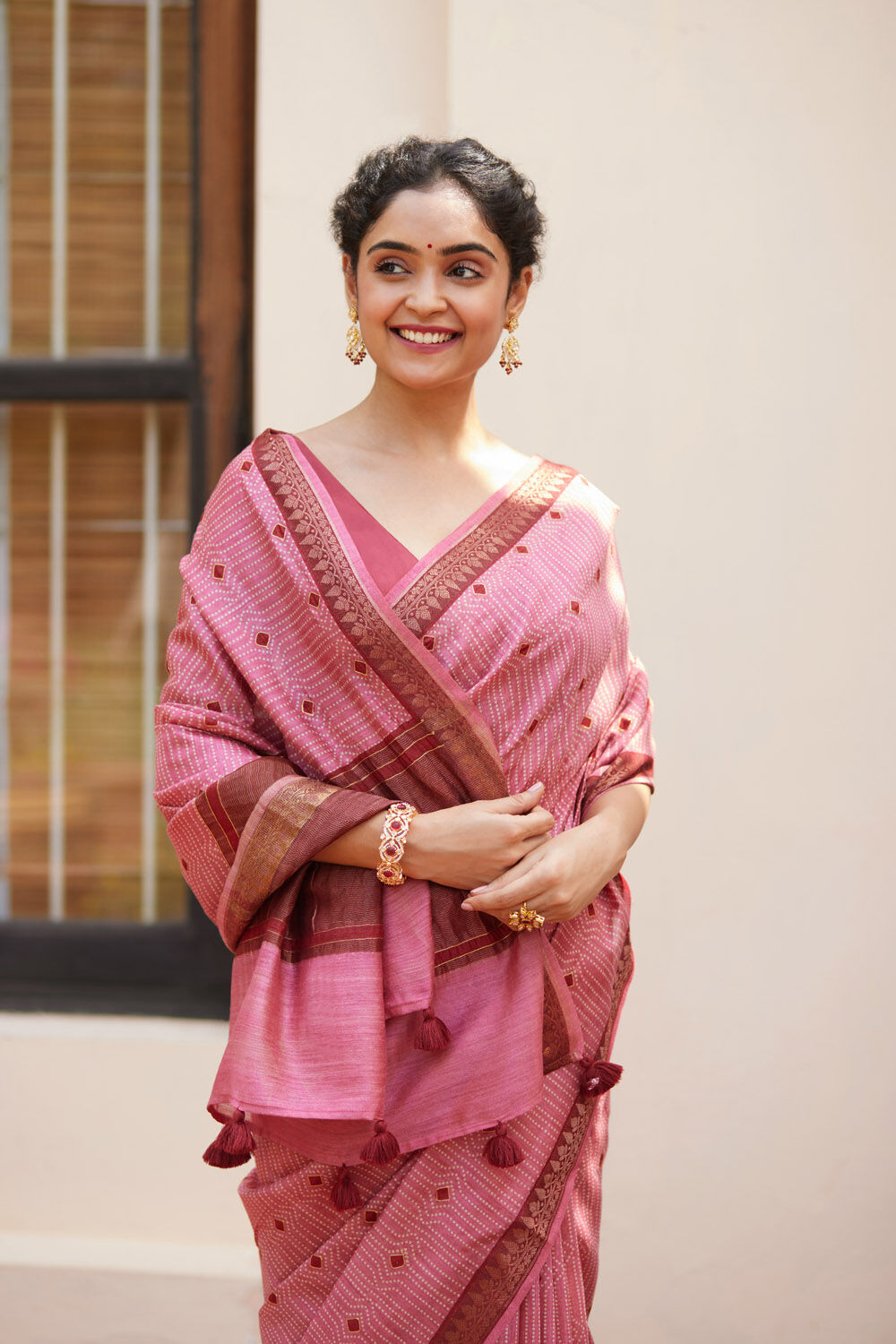 Pink Contemporary Pure Tussar Silk Digital Printed Saree image number null