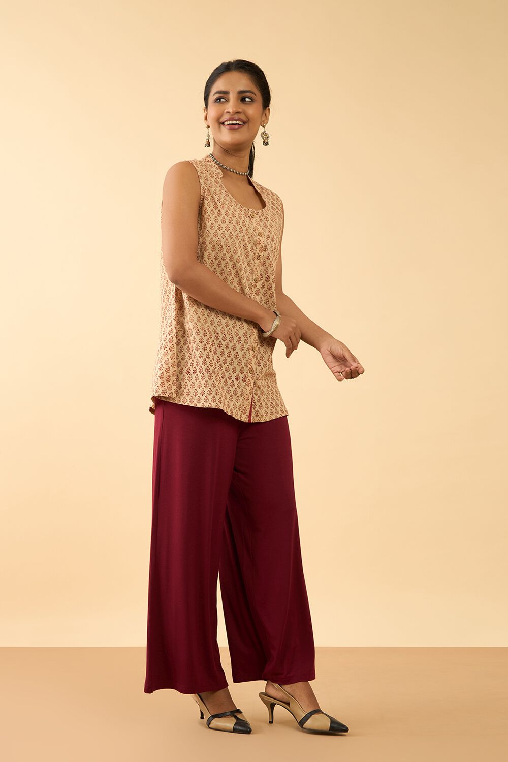 Beige Bagru Block Printed Pure Cotton Short Top image number null