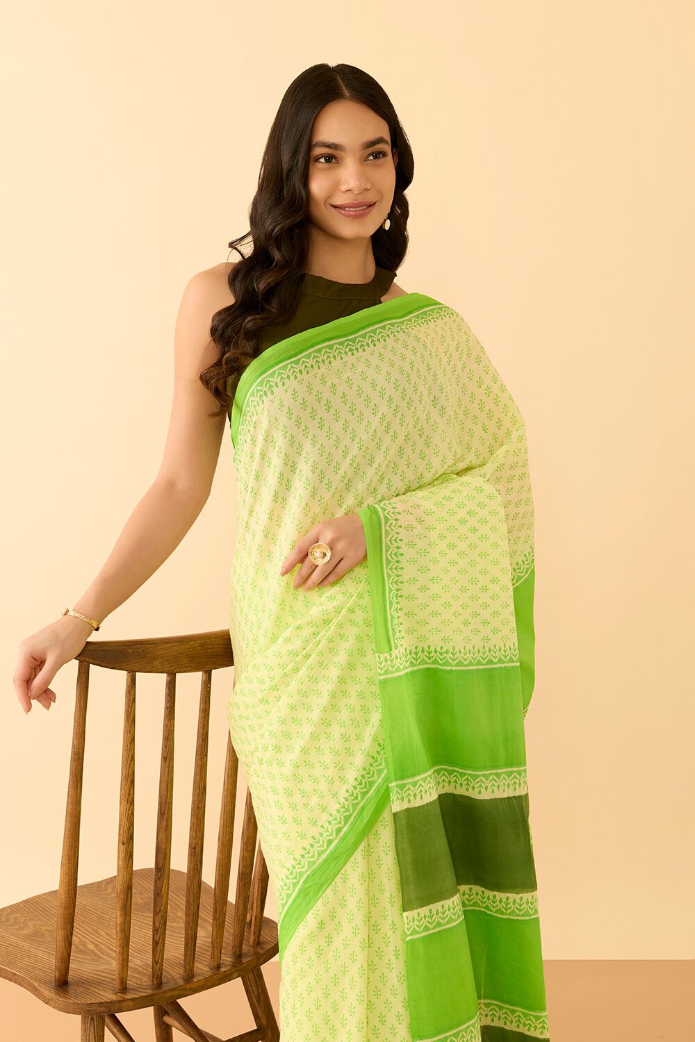 Light Green Bengal Pure Cotton Mulmul Block Printed Saree image number null