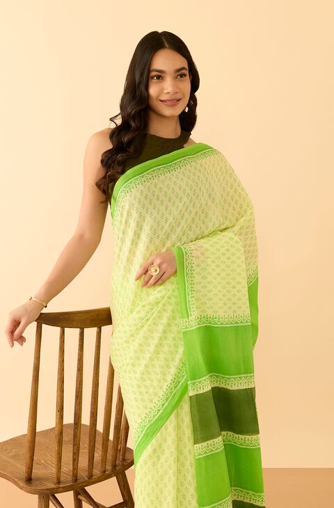 Off White Screen Printed Viscose Organza Saree