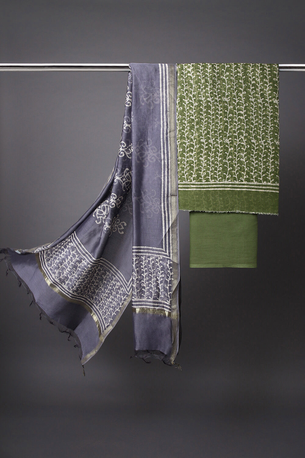 Green Block Printed Silk Cotton Suit image number null