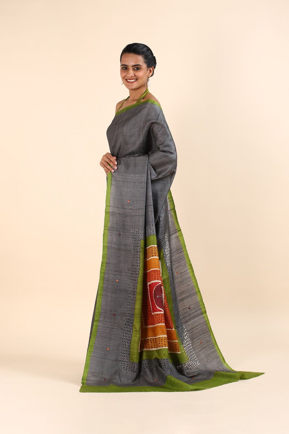 Grey Pure Tussar Embroidered Saree image number null