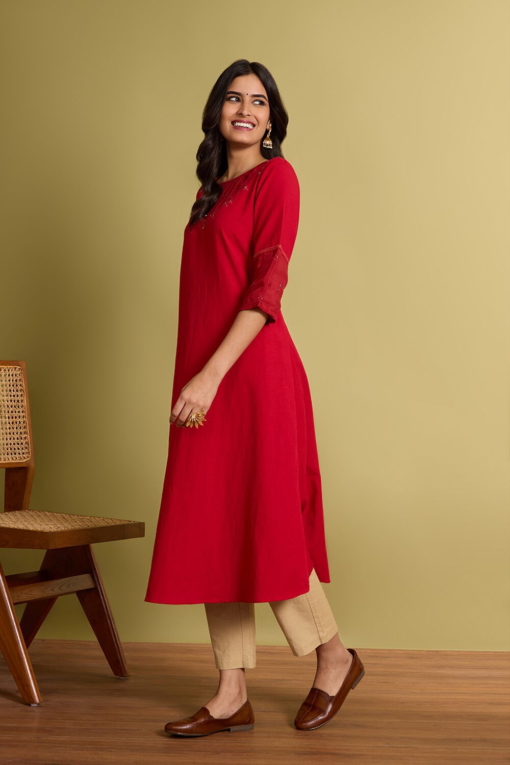 Red Cotton Viscose Mukaish Kurta image number null