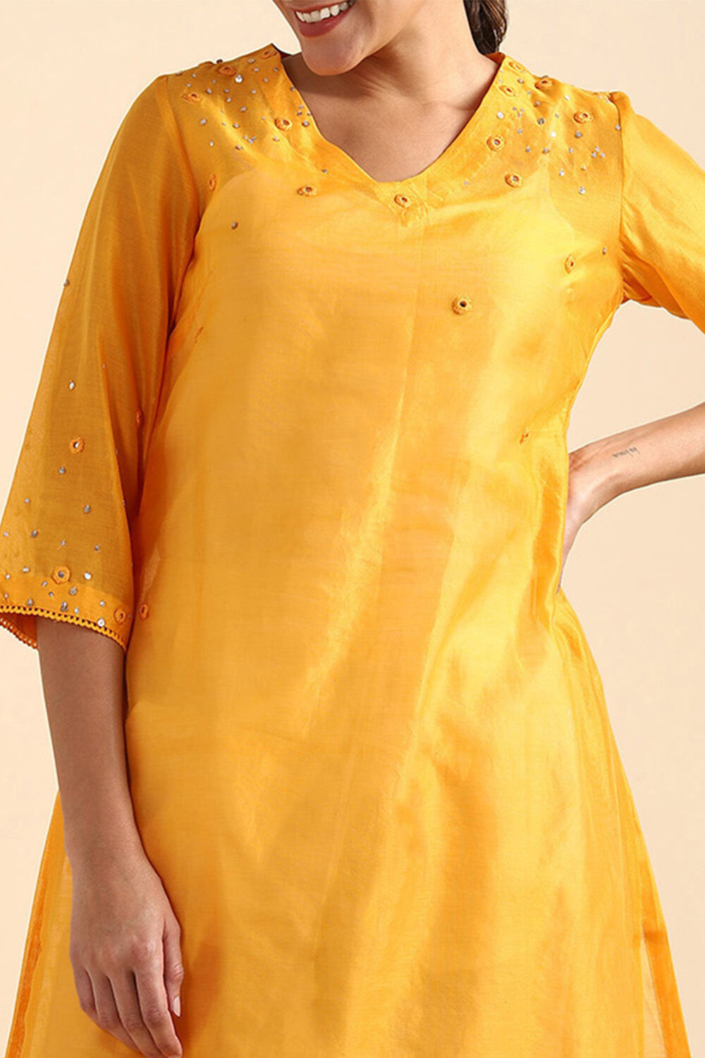 Light Orange Silk Cotton Embroidered Kurta image number null