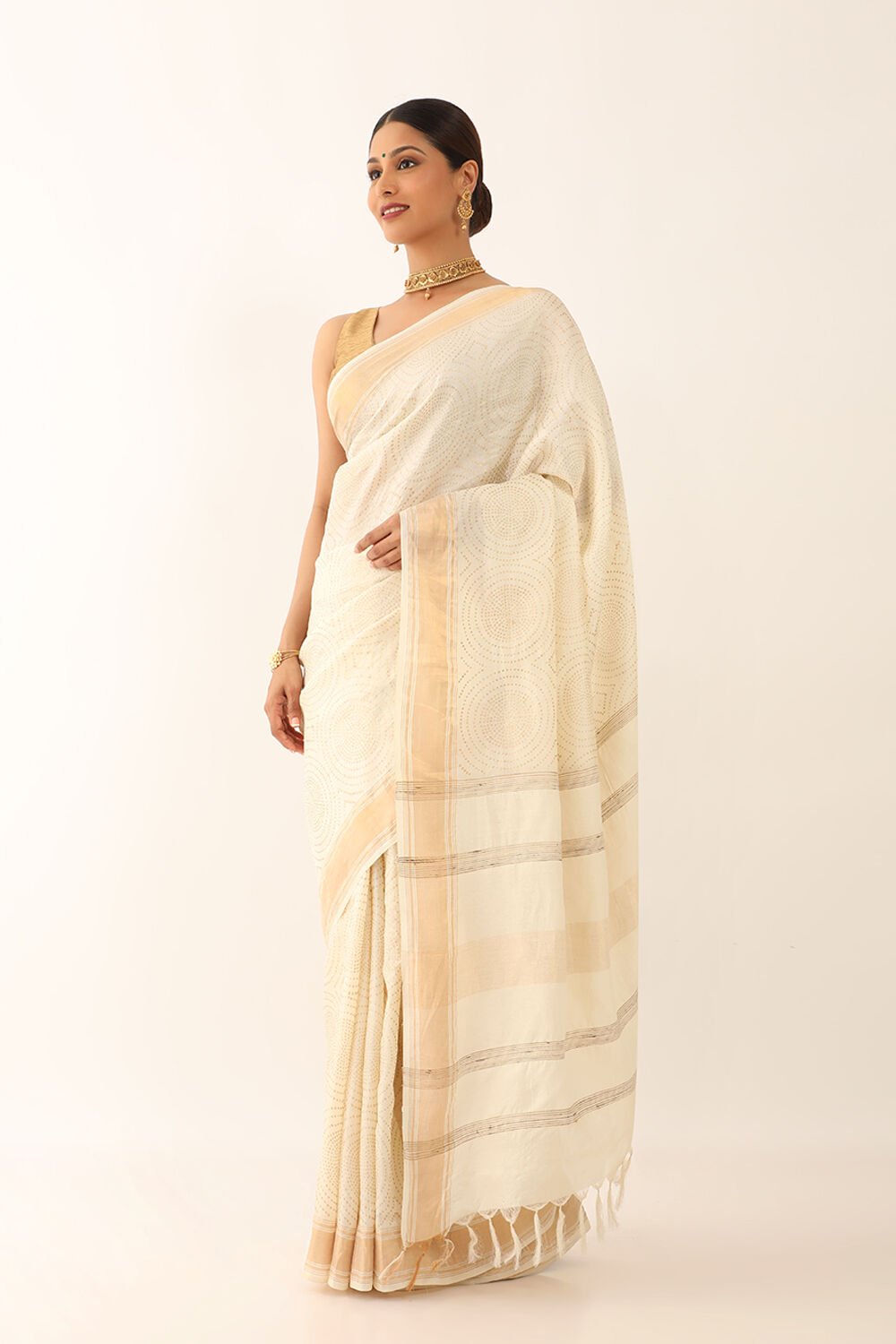 Off White Tussar Block Print Saree image number null