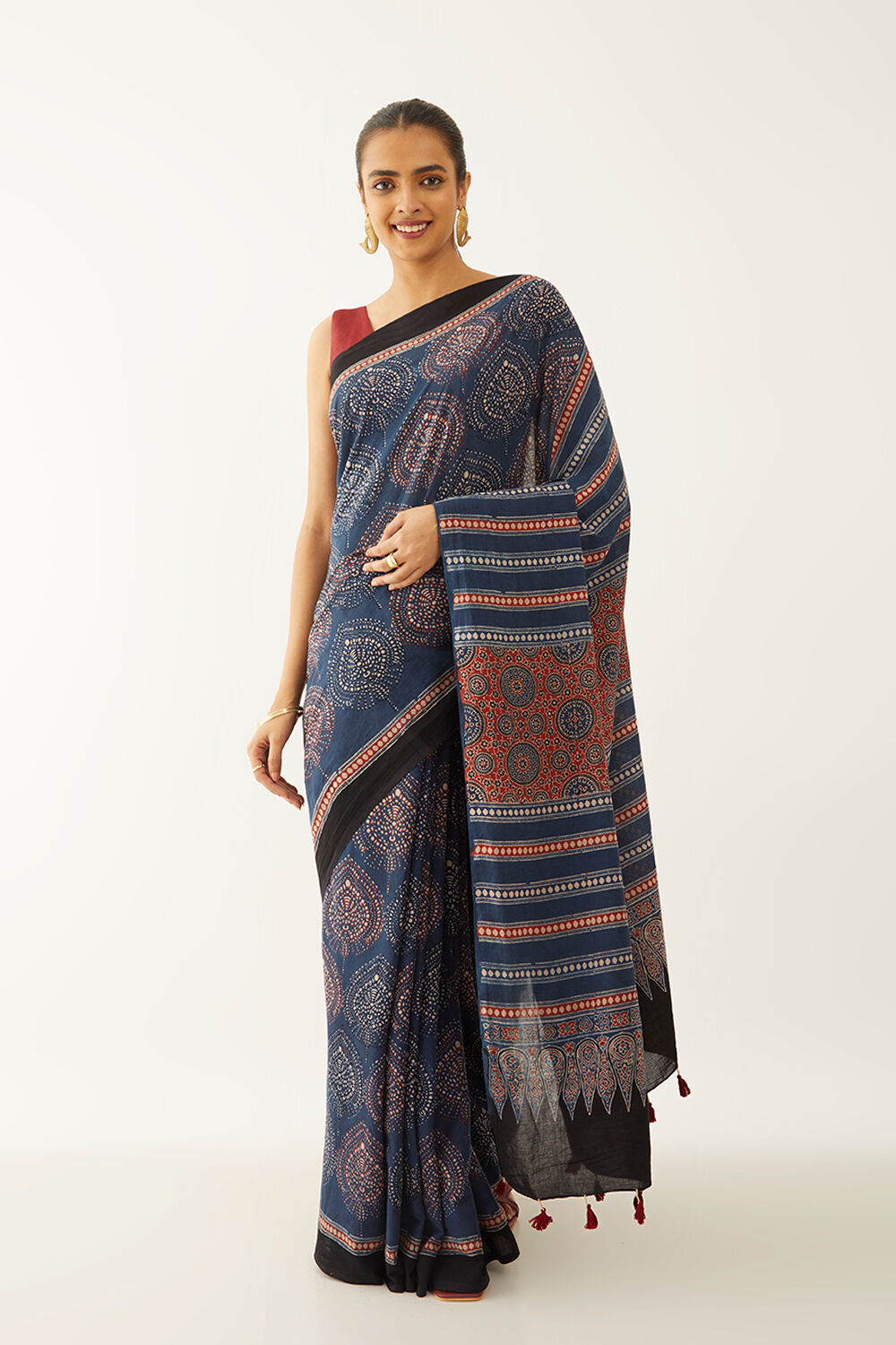 Blue Pure Cotton Ajrakh Block Print Saree image number null