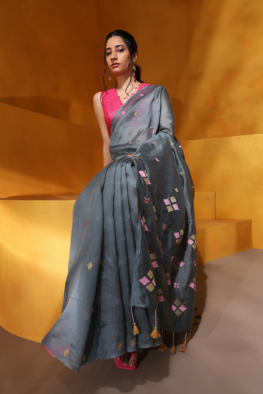 Grey Embroidered Silk Tencel Saree image number null