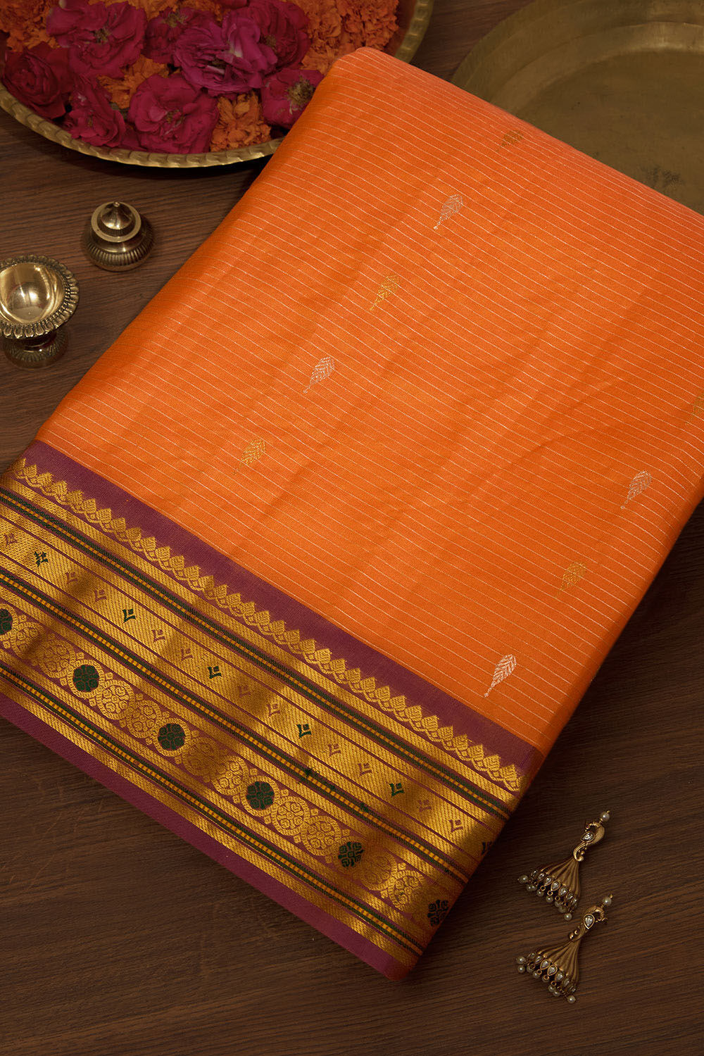 Orange Woven Pure Silk Gadwal Saree image number null
