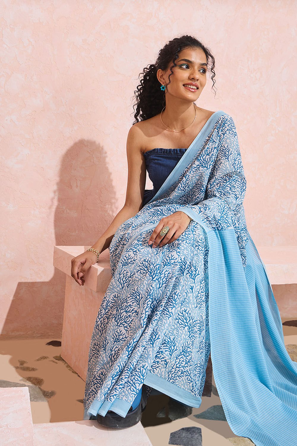 Light Blue Screen Printed Pure Mulmul Cotton Saree image number null