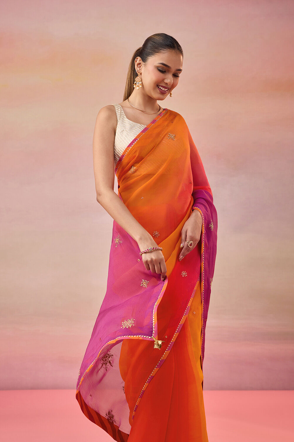 Orange Viscose Organza Embroidered Saree image number null