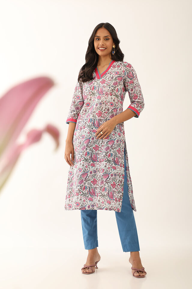 Off-White Pure Cotton Block Printed Kurta with Embroidery