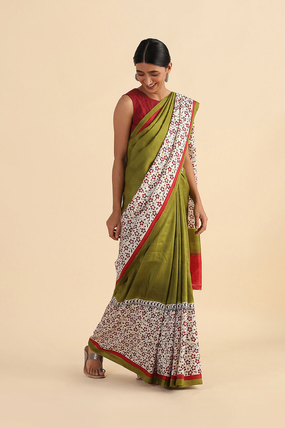 Light Green Hand Blockprinted Pure Silk Saree image number null