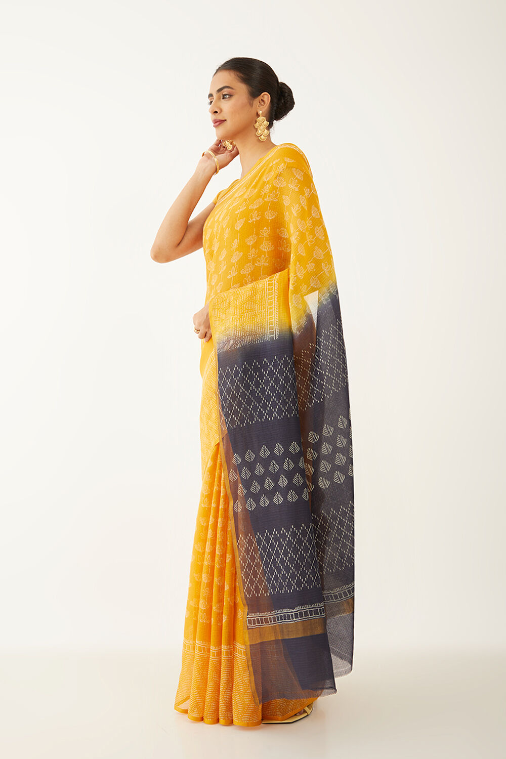 Yellow Pure Silk Kota Block Print Saree image number null