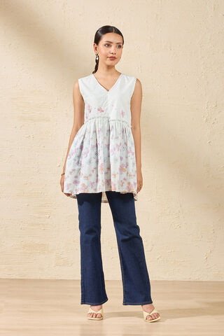 Off White Pure Cotton Printed Sanganeri Short Top thumbnail image number null