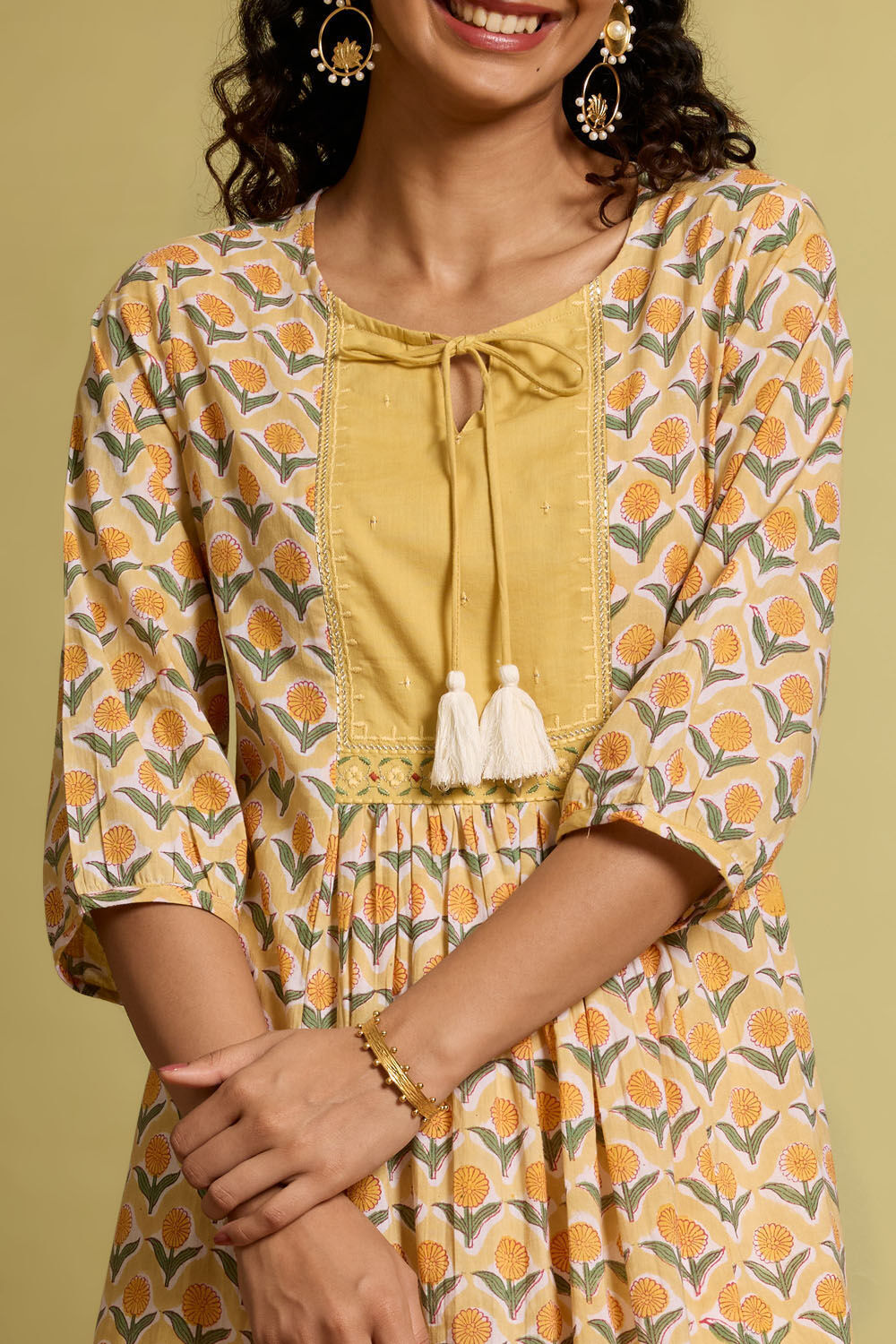 Yellow Pure Cotton Printed Embroidery Kurta image number null