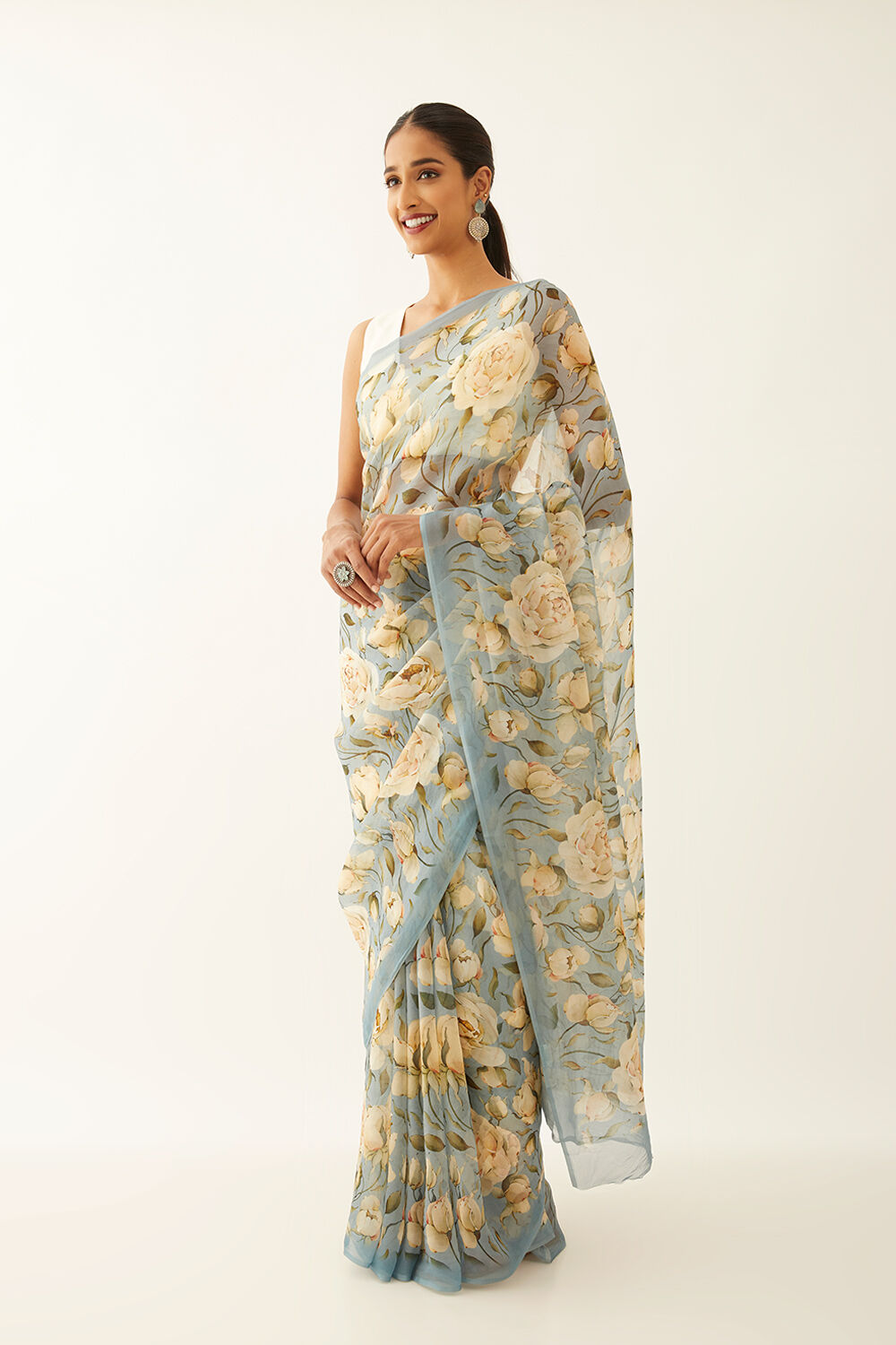 Blue Viscose Organza Digital Printed Saree image number null