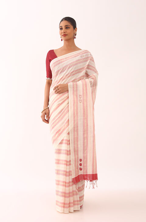 Off-White Kantha Embroidered Khadi Cotton Bengali Saree