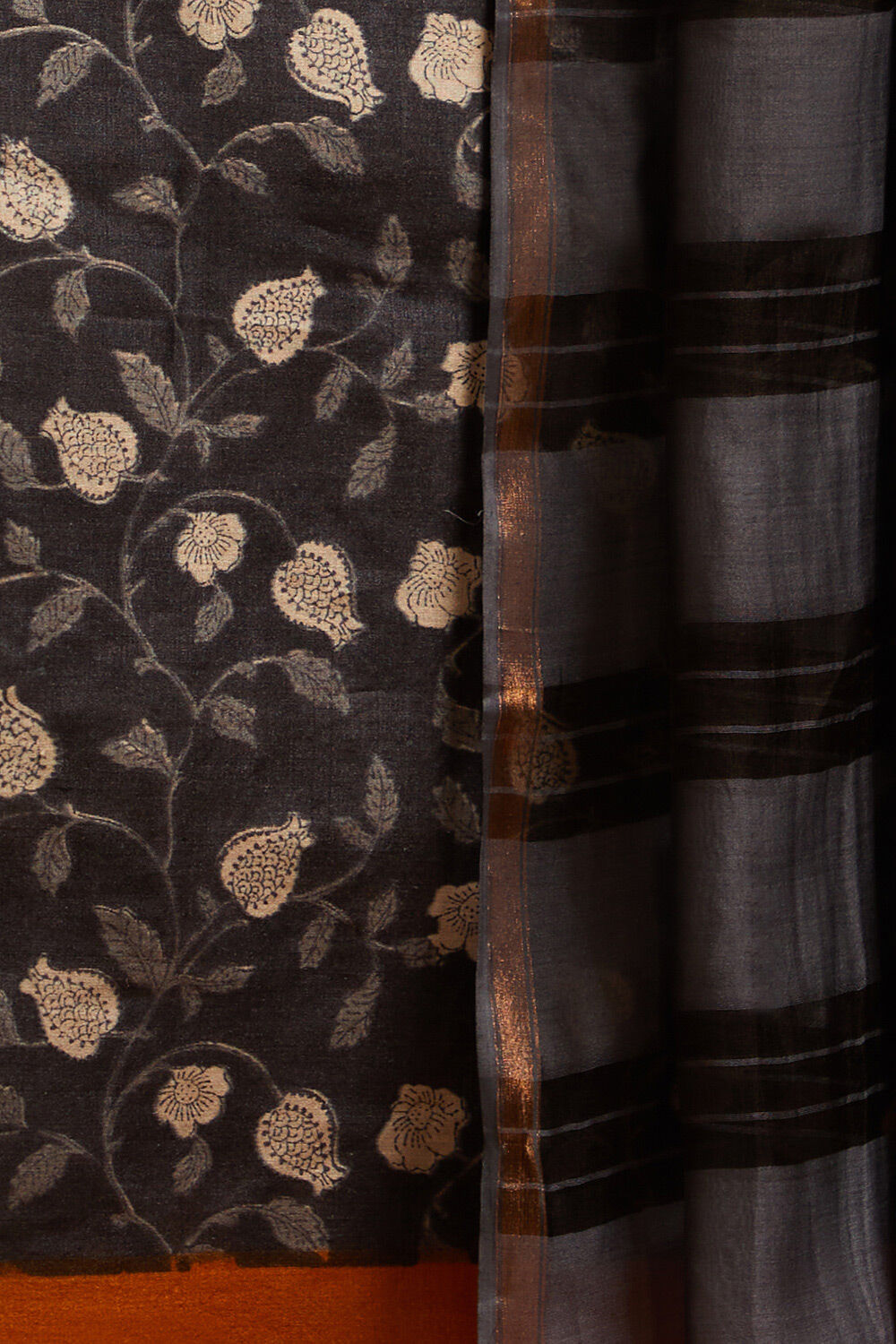 Grey Block Printed Pure Tussar Silk Unstitched Suit Set image number null