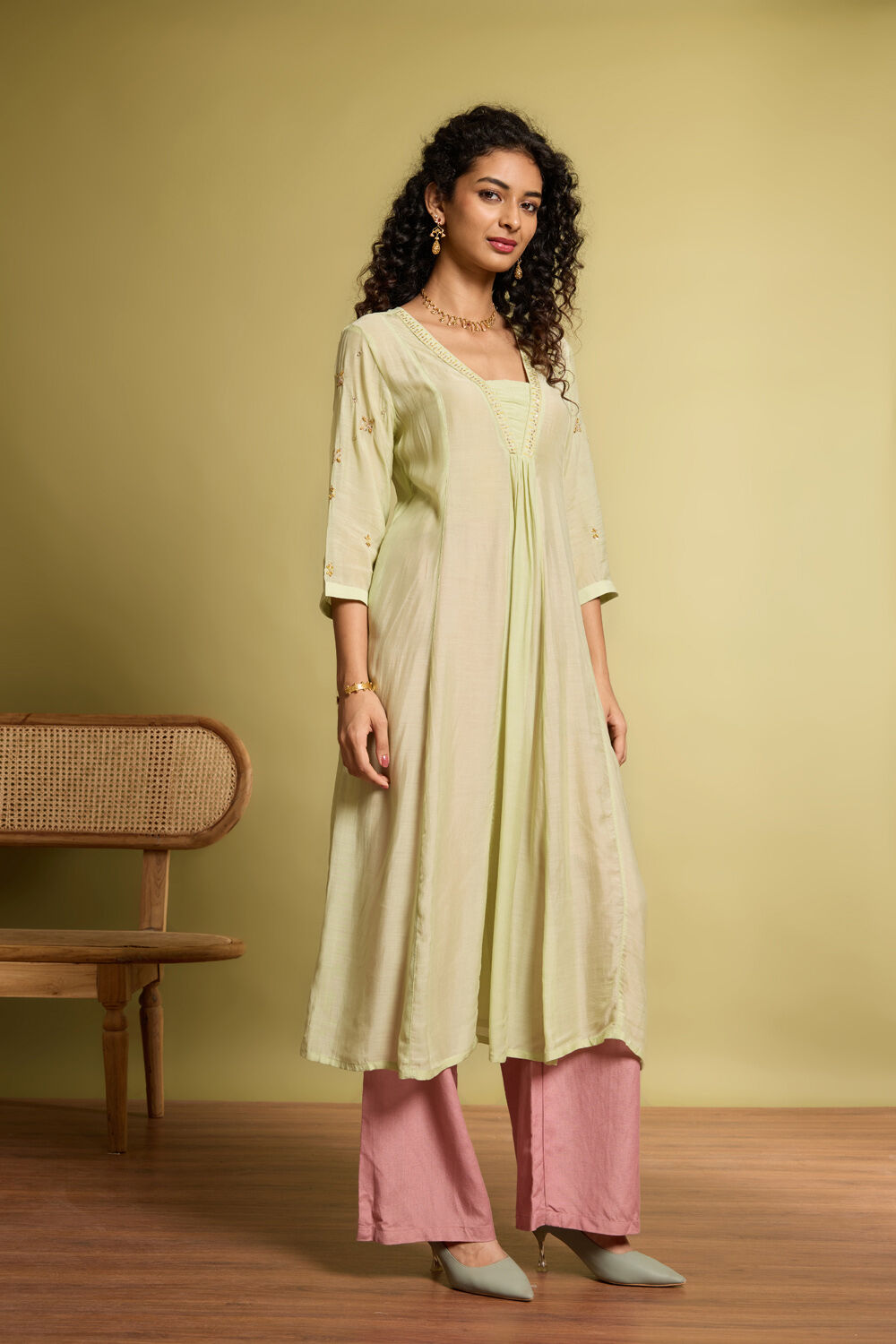 Light Green Viscose Embroidered Kurta image number null
