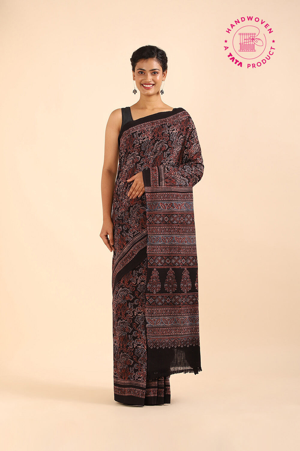 Black Pure Khadi Cotton Ajrakh Printed Saree image number null