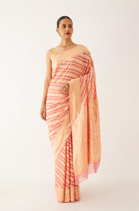Light Orange Pure Georgette Banarasi Brocade Saree